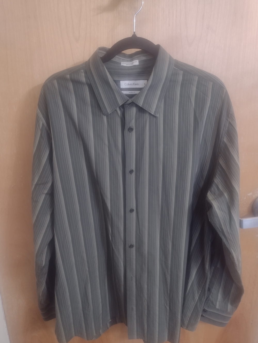 Calvin Klein Men's Olive Green Striped Button-Up Shirt